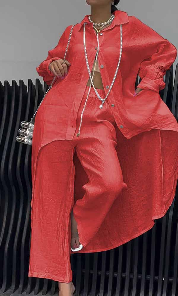 Women's Two-Piece Cutout-Back Shirt and Linen Pants Set – Emberly – Red