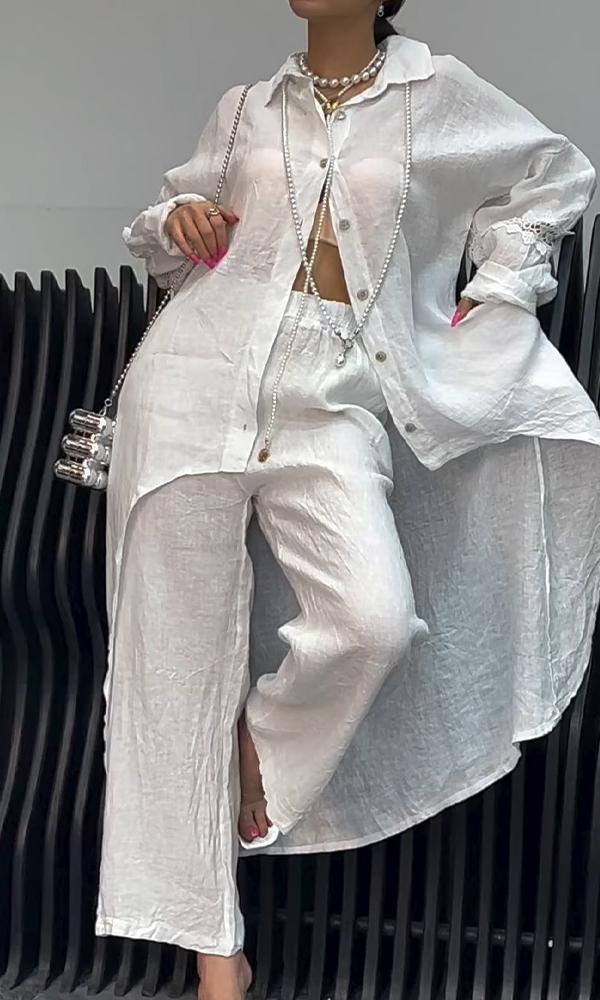 Women's Two-Piece Cutout-Back Shirt and Linen Pants Set – Emberly – White
