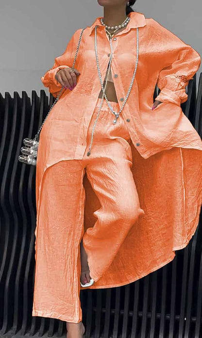 Women's Two-Piece Cutout-Back Shirt and Linen Pants Set – Emberly – Orange