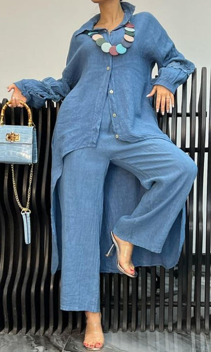Women's Two-Piece Cutout-Back Shirt and Linen Pants Set – Emberly – Dark Blue