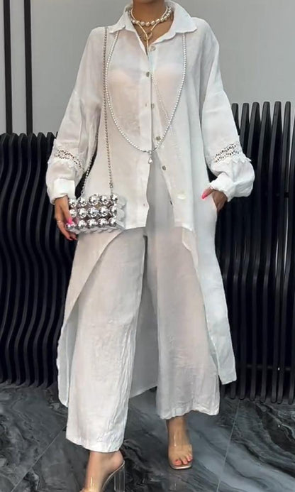 Women's Two-Piece Cutout-Back Shirt and Linen Pants Set – Emberly
