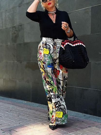 Women's Two-Piece Solid V-Neck Shirt and Printed Pants Set – Soraya – view 5