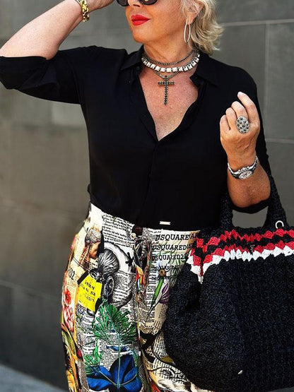Women's Two-Piece Solid V-Neck Shirt and Printed Pants Set – Soraya – view 6