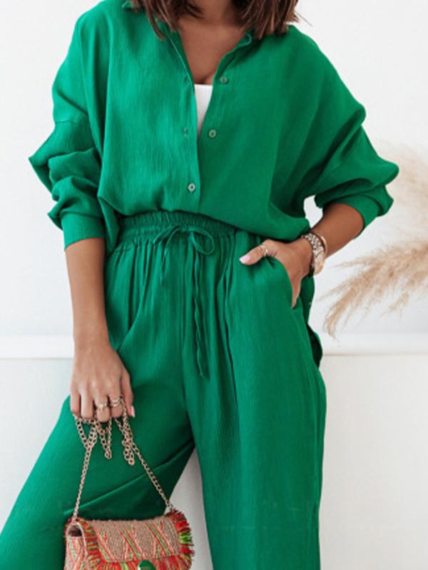 Women's Long-Sleeve Longline Shirt and Elastic Wide-Leg Pants Set – Sigrid