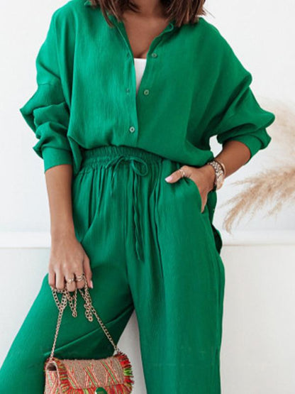 Women's Long-Sleeve Longline Shirt and Elastic Wide-Leg Pants Set – Sigrid