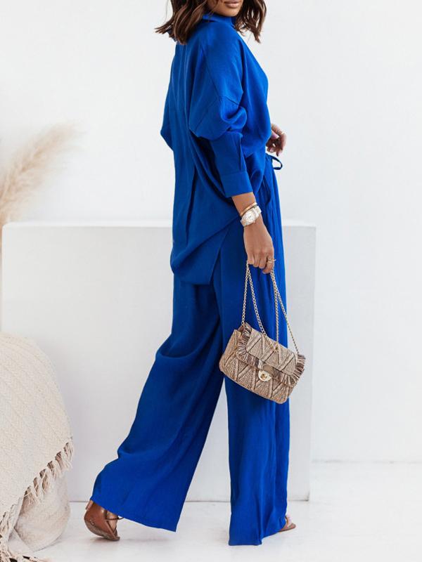 Women's Long-Sleeve Longline Shirt and Elastic Wide-Leg Pants Set – Sigrid – Blue
