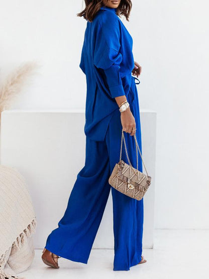 Women's Long-Sleeve Longline Shirt and Elastic Wide-Leg Pants Set – Sigrid – Blue