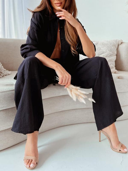 Women's Long-Sleeve Longline Shirt and Elastic Wide-Leg Pants Set – Sigrid – Black