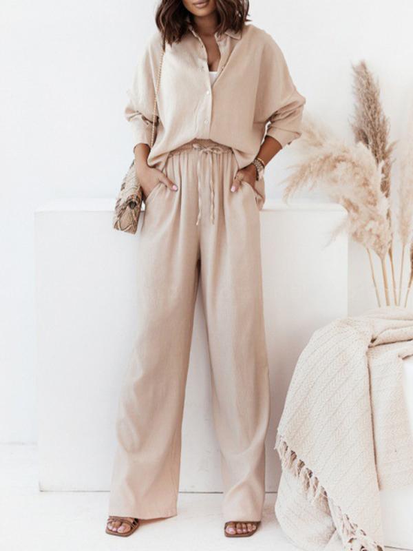 Women's Long-Sleeve Longline Shirt and Elastic Wide-Leg Pants Set – Sigrid – Apricot