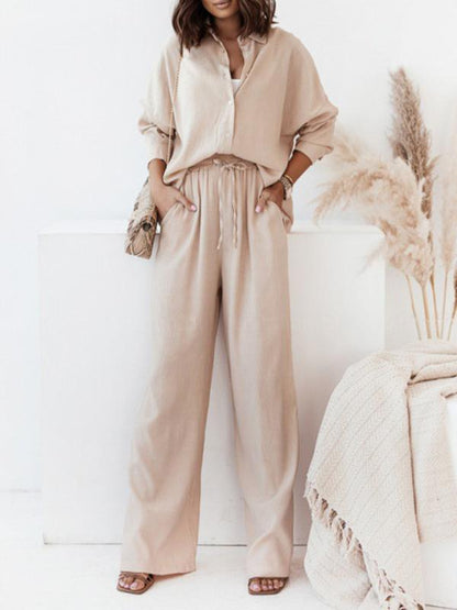 Women's Long-Sleeve Longline Shirt and Elastic Wide-Leg Pants Set – Sigrid – Apricot