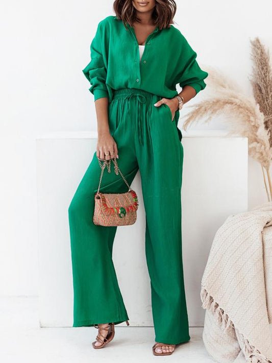 Women's Long-Sleeve Longline Shirt and Elastic Wide-Leg Pants Set – Sigrid – Green