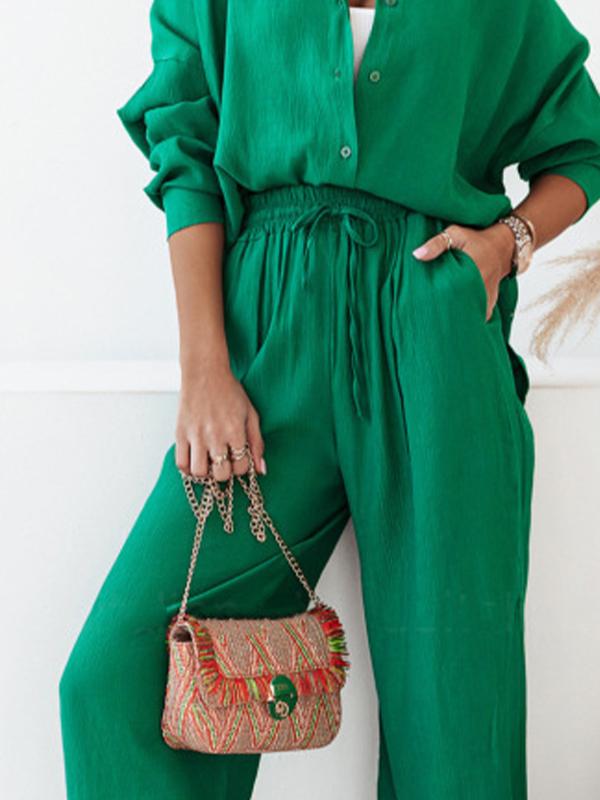 Women's Long-Sleeve Longline Shirt and Elastic Wide-Leg Pants Set – Sigrid – view 2