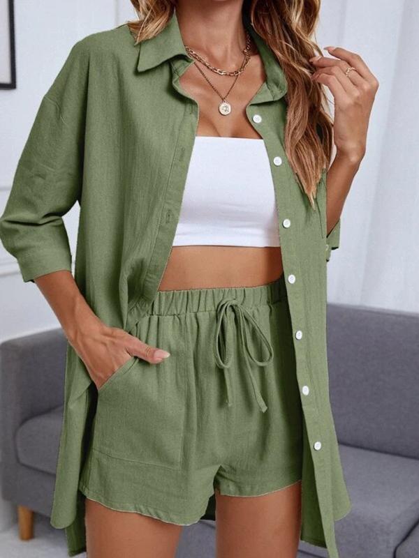 Women's Solid Button Cardigan and Drop-Shoulder Shirt Set – Zadie – Green