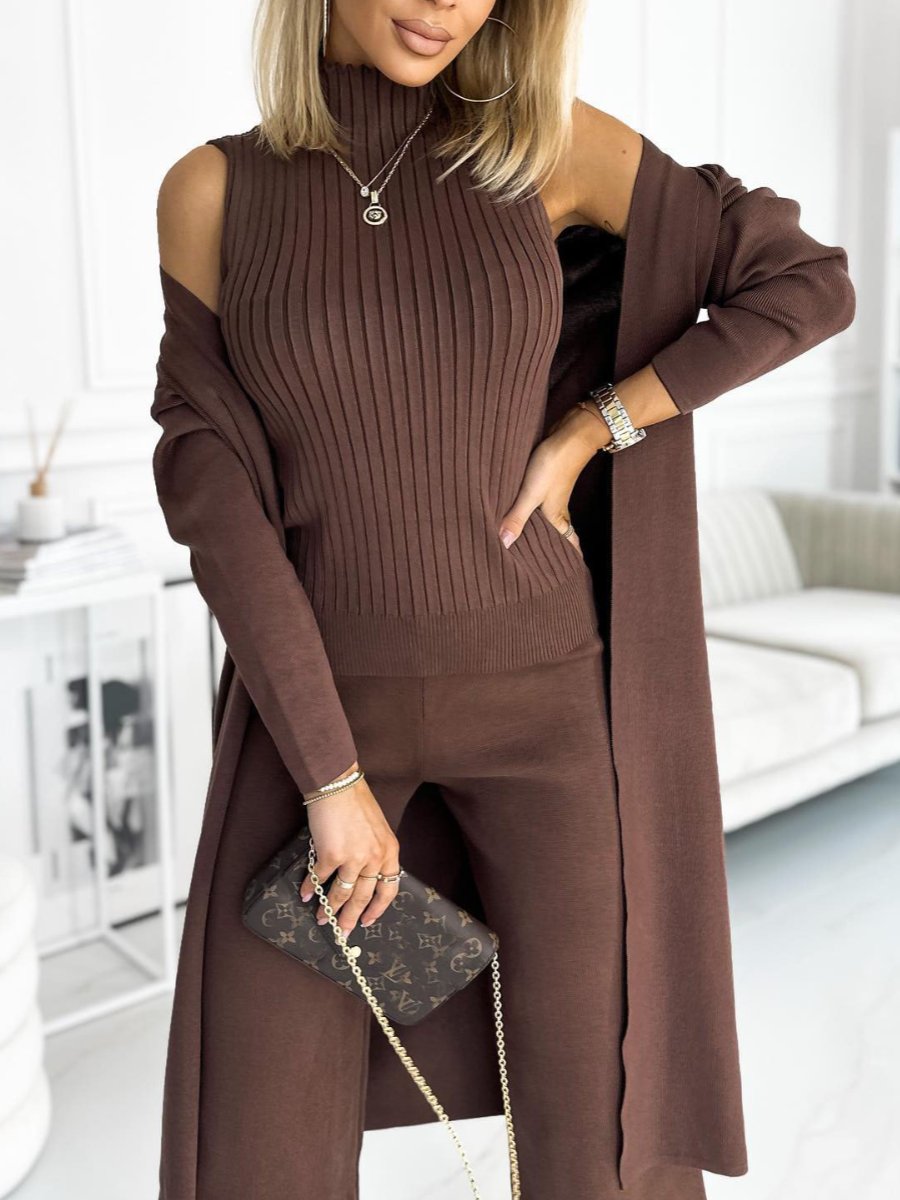 Women's Three-Piece Solid Cardigan, Tank and Pants Set – Ula – Coffee