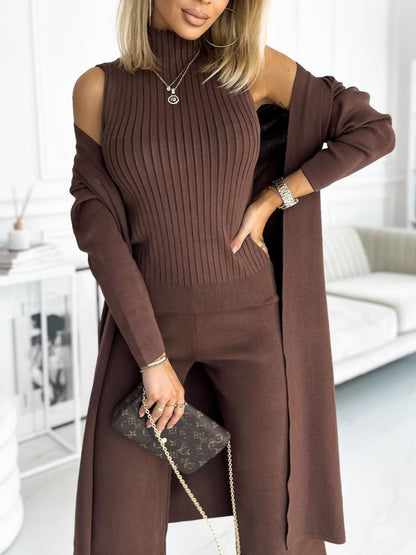 Women's Three-Piece Solid Cardigan, Tank and Pants Set – Ula – Coffee