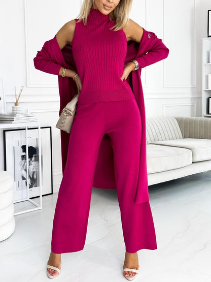 Women's Three-Piece Solid Cardigan, Tank and Pants Set – Ula