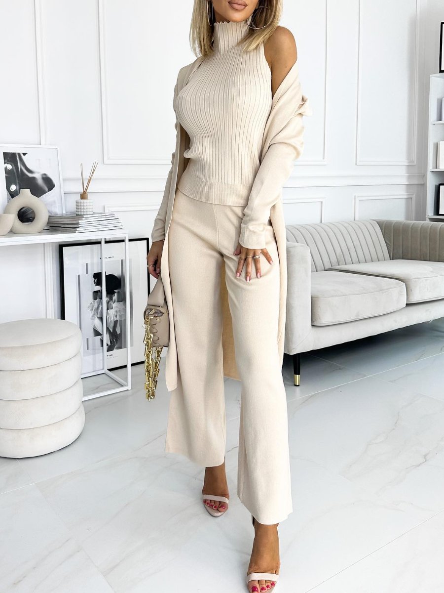 Women's Three-Piece Solid Cardigan, Tank and Pants Set – Ula – Beige