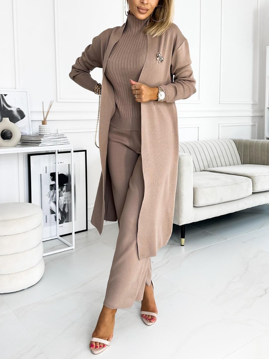 Women's Three-Piece Solid Cardigan, Tank and Pants Set – Ula – Khaki