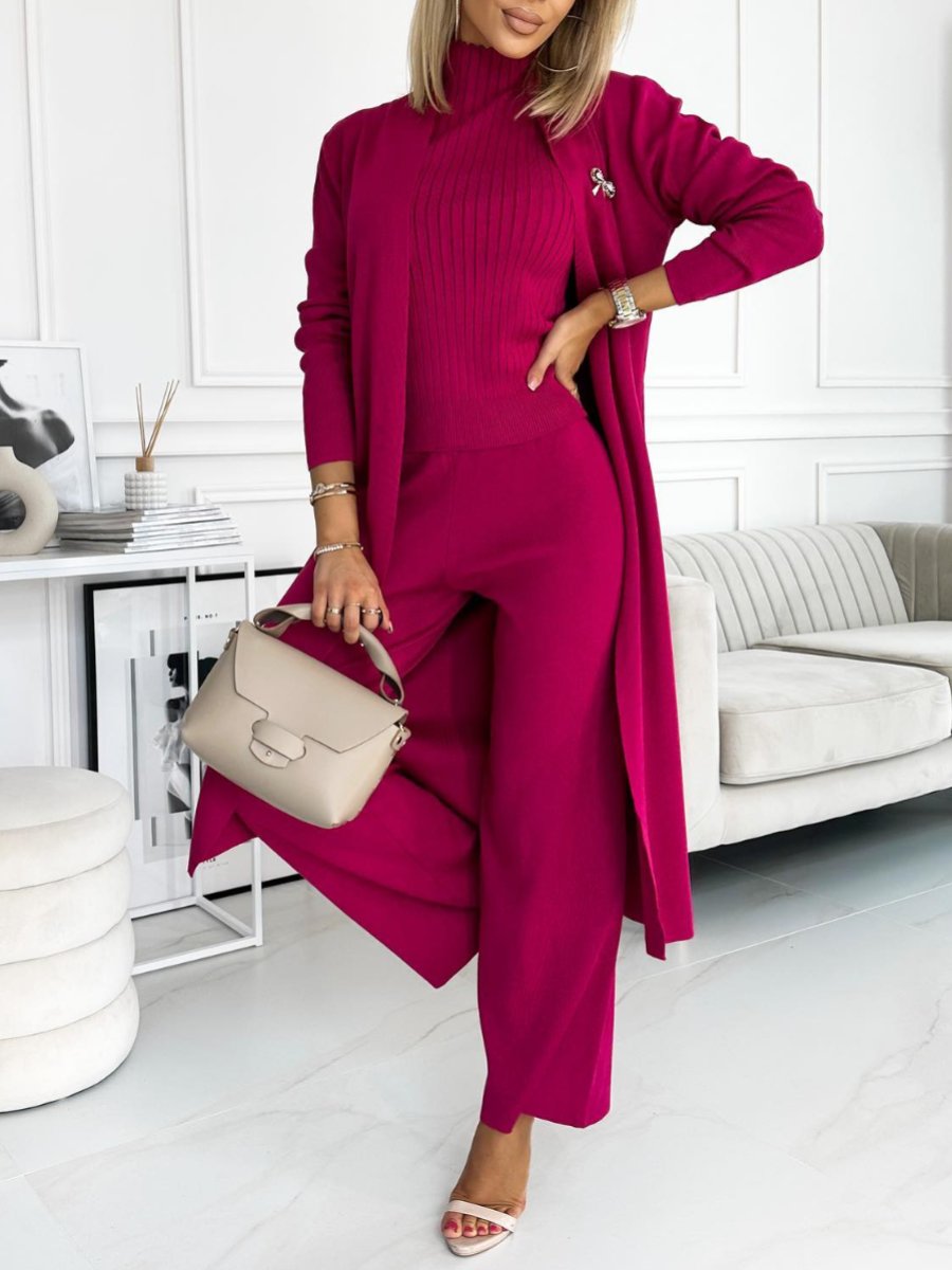 Women's Three-Piece Solid Cardigan, Tank and Pants Set – Ula – Rose Red