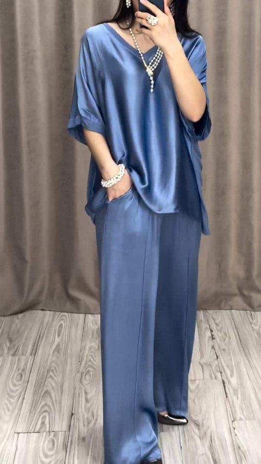 Women's Satin Short-Sleeve V-Neck Set – Elvira – Blue