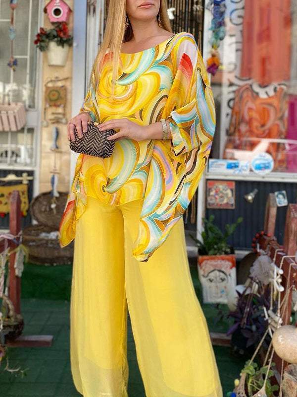 Women's Two-Piece Colorful Summer-Print Chiffon Crewneck Set – Tora