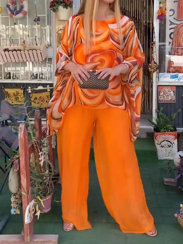 Women's Two-Piece Colorful Summer-Print Chiffon Crewneck Set – Tora – Orange