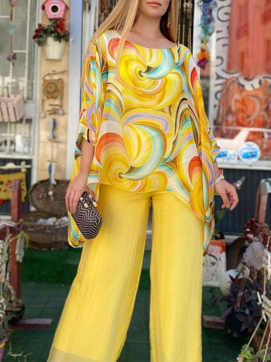 Women's Two-Piece Colorful Summer-Print Chiffon Crewneck Set – Tora – Yellow
