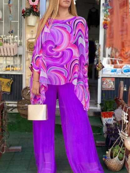Women's Two-Piece Colorful Summer-Print Chiffon Crewneck Set – Tora – Purple