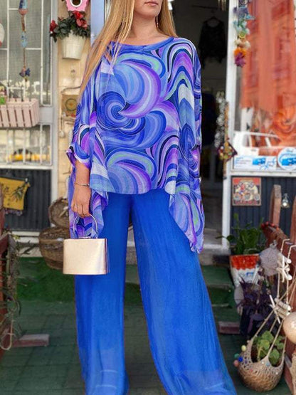 Women's Two-Piece Colorful Summer-Print Chiffon Crewneck Set – Tora – Blue
