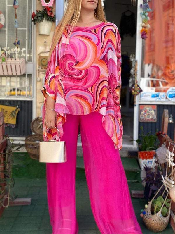 Women's Two-Piece Colorful Summer-Print Chiffon Crewneck Set – Tora – Pink