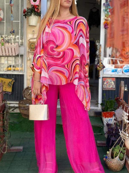Women's Two-Piece Colorful Summer-Print Chiffon Crewneck Set – Tora – Pink
