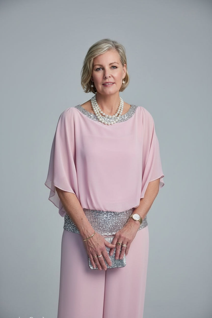 Women's Elegant Chiffon Set with Sequin Detail – Ramona – Pink