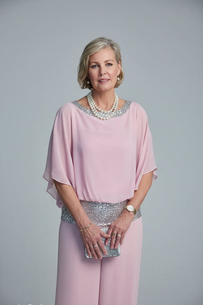 Women's Elegant Chiffon Set with Sequin Detail – Ramona – Pink