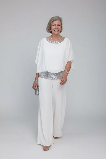 Women's Elegant Chiffon Set with Sequin Detail – Ramona – White