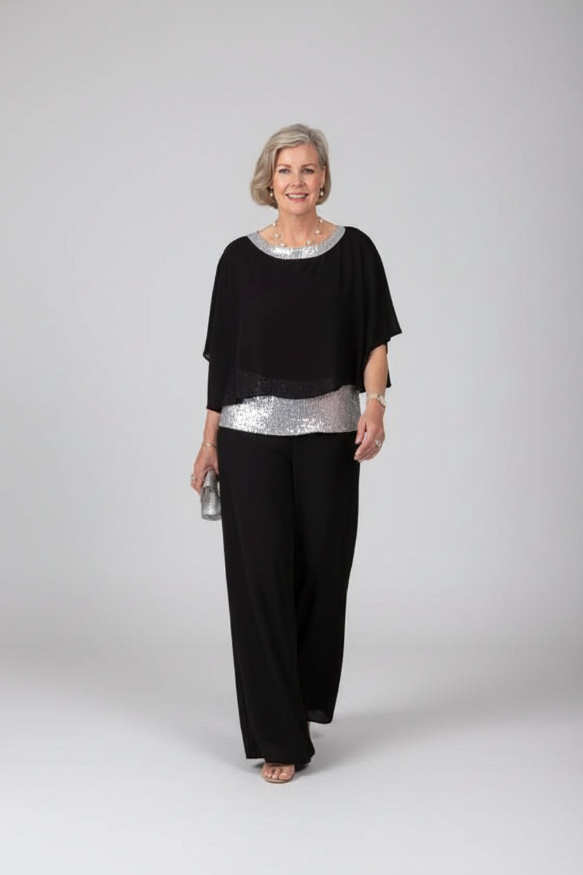 Women's Elegant Chiffon Set with Sequin Detail – Ramona – Black