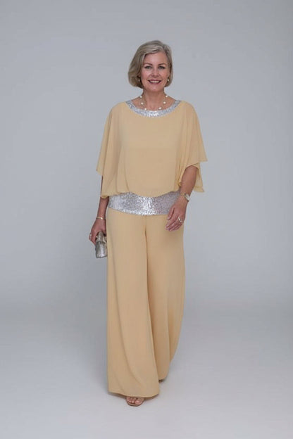 Women's Elegant Chiffon Set with Sequin Detail – Ramona – Khaki