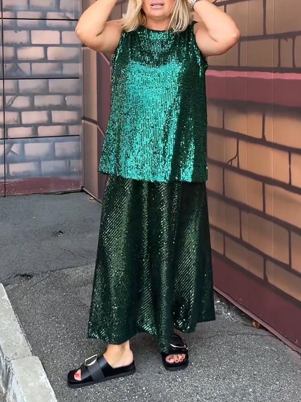 Women's Two-Piece Sleeveless Sequin Party Set – Chiara – Green
