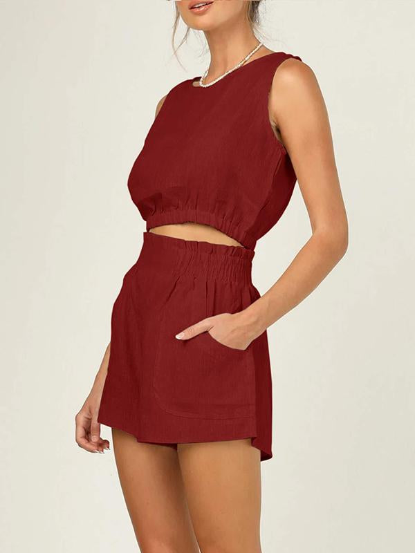 Women's Solid Sleeveless Cropped Jacket and High-Waist Straight Pants Set – Irene – Wine