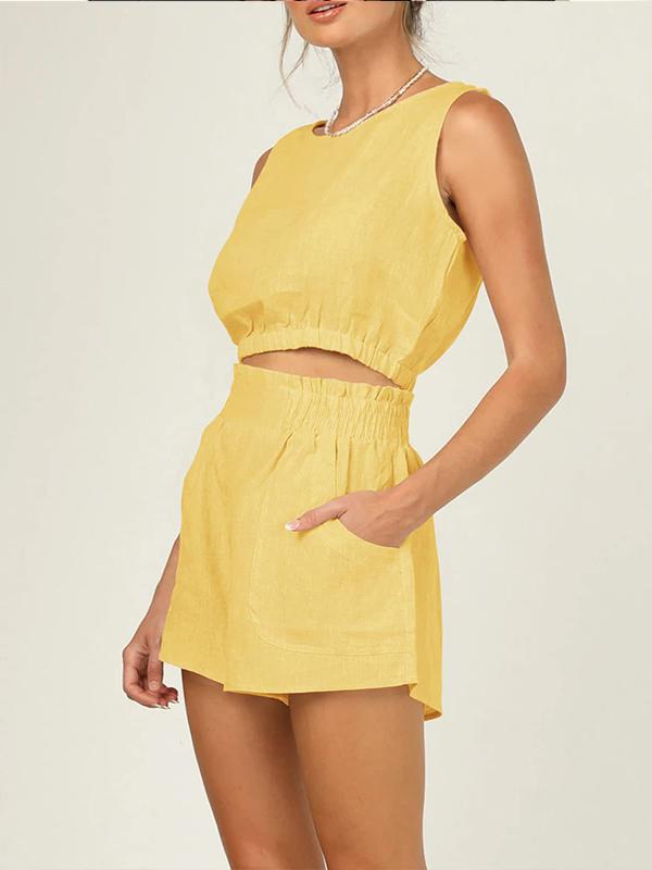 Women's Solid Sleeveless Cropped Jacket and High-Waist Straight Pants Set – Irene – Bright Yellow