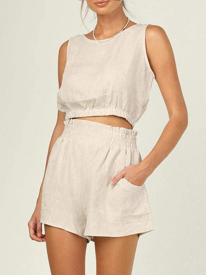 Women's Solid Sleeveless Cropped Jacket and High-Waist Straight Pants Set – Irene – Cream