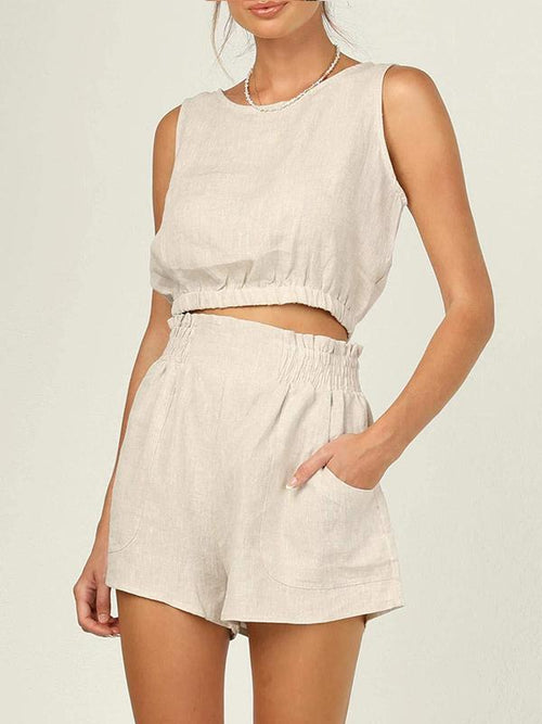 Women's Solid Sleeveless Cropped Jacket and High-Waist Straight Pants Set – Irene – Cream
