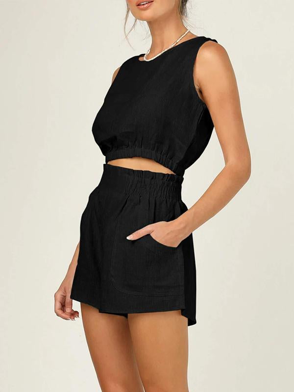 Women's Solid Sleeveless Cropped Jacket and High-Waist Straight Pants Set – Irene – Black