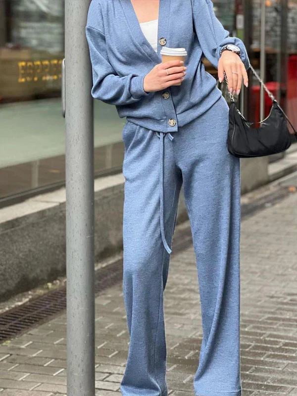 Women's Knit Button Jacket and Pants Two-Piece Set – Mirella – Blue