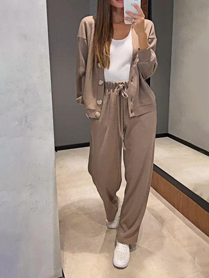 Women's Knit Button Jacket and Pants Two-Piece Set – Mirella – Coffee