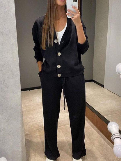 Women's Knit Button Jacket and Pants Two-Piece Set – Mirella – Black