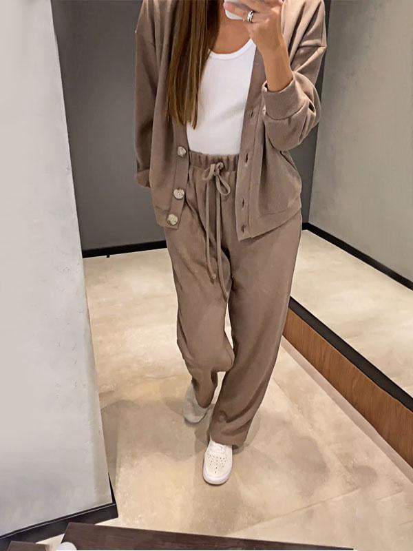 Women's Knit Button Jacket and Pants Two-Piece Set – Mirella
