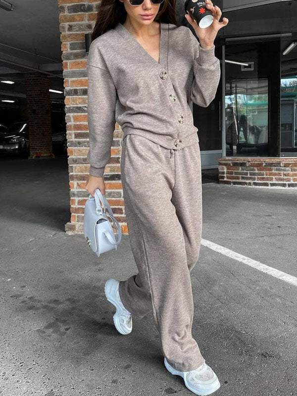 Women's Knit Button Jacket and Pants Two-Piece Set – Mirella – Khaki