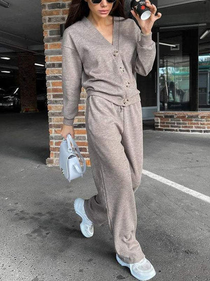 Women's Knit Button Jacket and Pants Two-Piece Set – Mirella – Khaki
