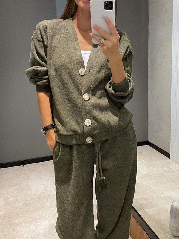 Women's Knit Button Jacket and Pants Two-Piece Set – Mirella – Green