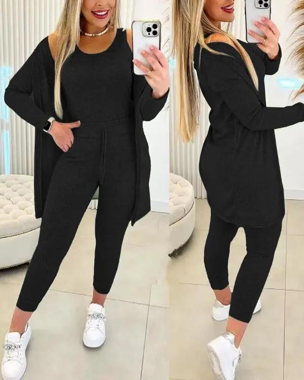 Women's Crewneck Tank, Drawstring Pants and Jacket Set – Bree – Black